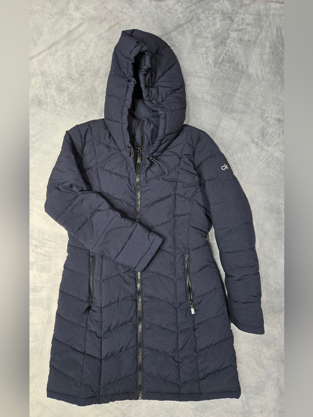Calvin Klein Dark Navy Hooded Quilted Long Puffer Coat